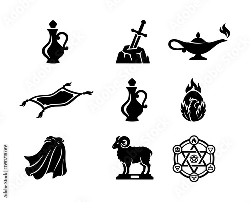 Fantasy RPG icons set, black silhouette magic items and mythical symbols vector, 9 medieval adventure game elements for UI design