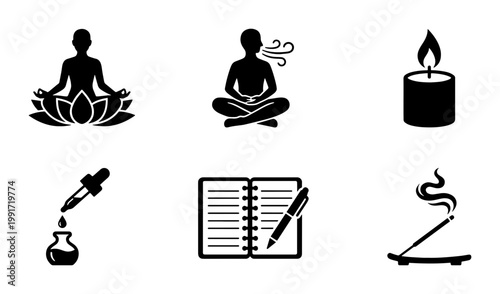 Minimalist meditation and mindfulness icon set, black yoga and wellness vector symbols, 6 spiritual self-care elements for mental health apps