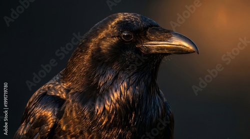 Close up portrait of a black raven bird head in soft sunset golden light