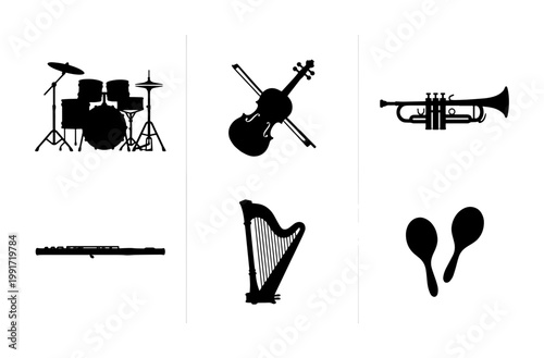 Musical instrument silhouette icons set, black vector orchestra and band equipment, drum kit violin trumpet harp maracas and flute graphics