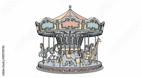 Whimsical carousel with animals, horses, elephants, and giraffes
