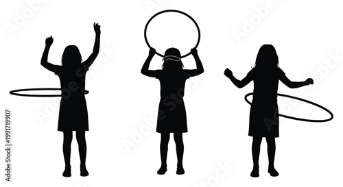 Three silhouette girls engaged in playful activities with hoops for recreational fun