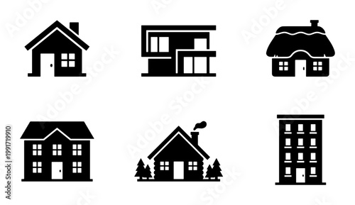 Minimalist house icon set, black silhouette home and building symbols, residential property and real estate vector collection for web design