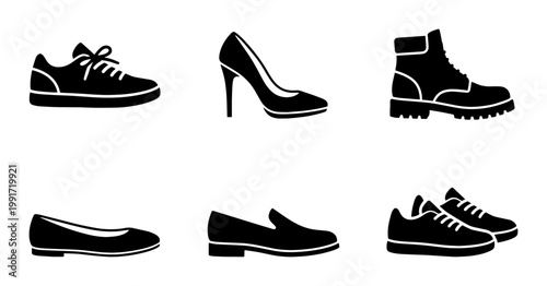 Minimalist footwear icon set, black silhouette shoes collection including sneakers and high heels, 6 vector shoe elements for fashion retail and web design