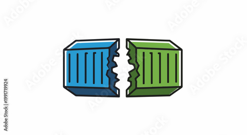 Two broken, colorful, ribbed cubes, separated