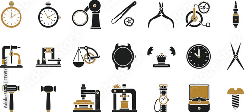 Collection of vintage watchmaking and precision tools icons Vector