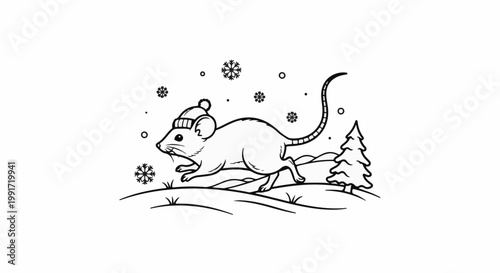 Whimsical cartoon mouse with hat running through snow near a fir tree