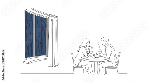 Couple dining at a table by window.