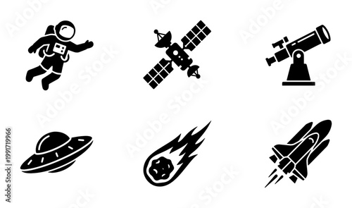 Space exploration icon set, black solid astronaut and rocket vector symbols, astronomy telescope and satellite graphics, 6 flat cosmos icons