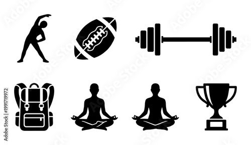 Fitness and sports icon set, black silhouette gym and wellness symbols, 8 vector elements for workout and athletic lifestyle branding