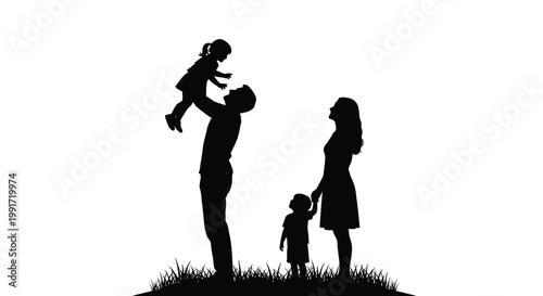Father lifts daughter joyfully while mother holds son's hand in a happy family silhouette illustration
