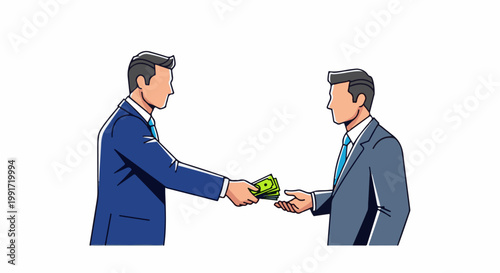 Two businessmen in suits exchange money, one handing cash to the other