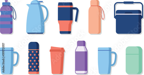 Assortment of insulated beverage containers and coolers on a white background