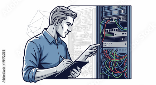 Technician documenting server rack equipment and network connections