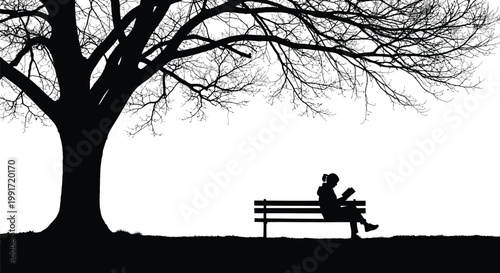 Silhouette vector illustration of a person sitting alone on a park bench reading a book quietly