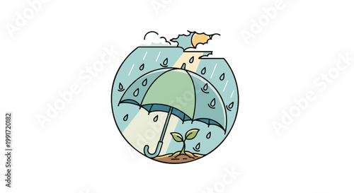 Umbrella protects a small plant from rain within a circular frame