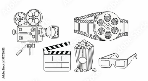 Vintage film equipment, popcorn, and 3D glasses, ready for cinema