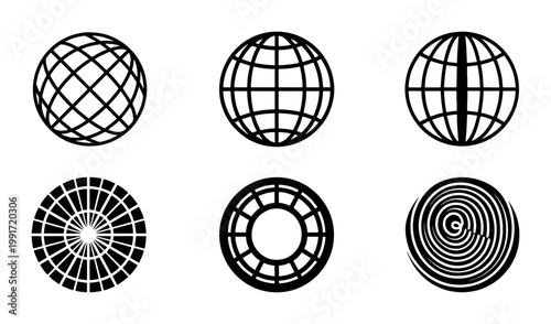 Minimalist globe icons set, black wireframe planet spheres, 6 geometric earth vector elements for global logistics and technology branding