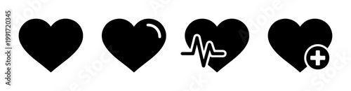 Heart icon set with 4 black vector elements, medical heartbeat pulse symbol, healthcare and love silhouettes for app interface design