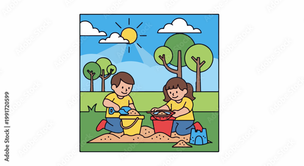 Obraz premium Two children playing with sand, building castles under a sunny sky