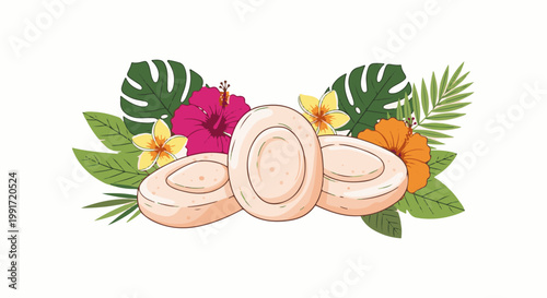 Three round bars of soap nestled amongst tropical leaves and flowers