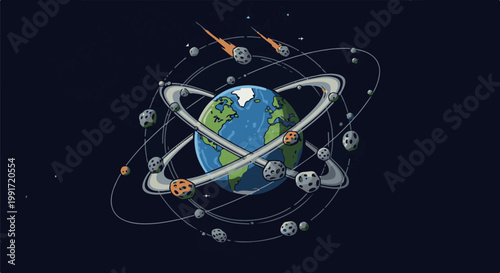 The planet Earth is depicted in space, surrounded by orbiting objects