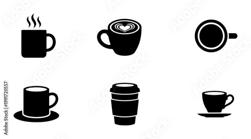 Minimalist coffee cup icon set, black silhouette cafe mug vector collection, 6 beverage symbols for restaurant menus and branding