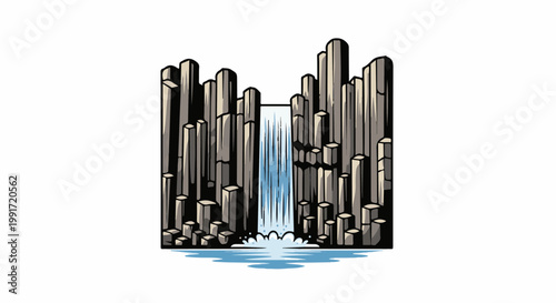 Stylized waterfall cascades between towering basalt columns
