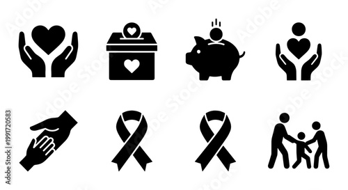 Charity and donation icon set, 8 black solid vector symbols for non-profit organizations, humanitarian aid and community support graphics