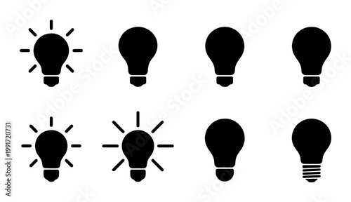 Minimalist light bulb icon set, black silhouette lamp symbols, creative idea and innovation vector collection for business presentation