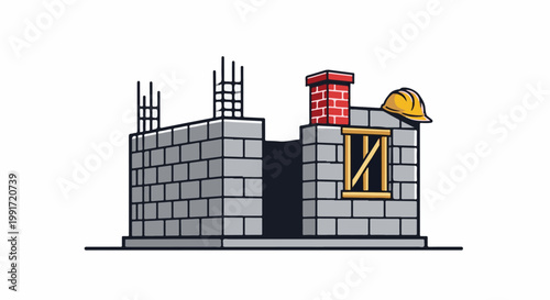 Unfinished concrete block structure with brick chimney and hard hat