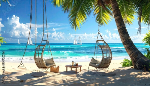 Tropical beach scene with hanging chairs, ocean, and sails