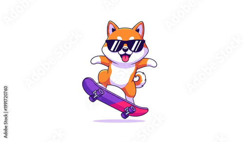 Cool shiba inu dog skateboarding with sunglasses vibrant skateboard cartoon vector