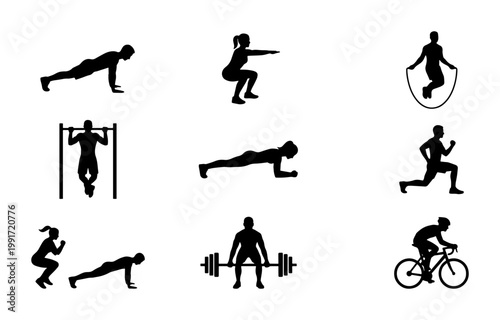 Fitness exercise silhouette set, 9 workout icons for gym and bodybuilding, athletic people training with weights and cardio equipment vector