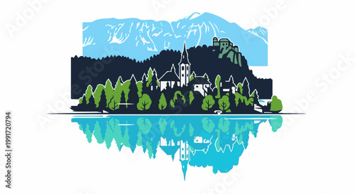 Stylized village with castle atop mountain, reflected in water