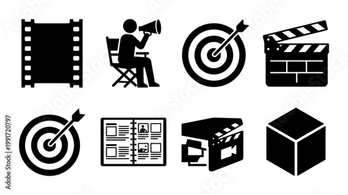 Cinema and film production icons set, black movie industry vector symbols, filmmaker director and cinematography elements for media projects
