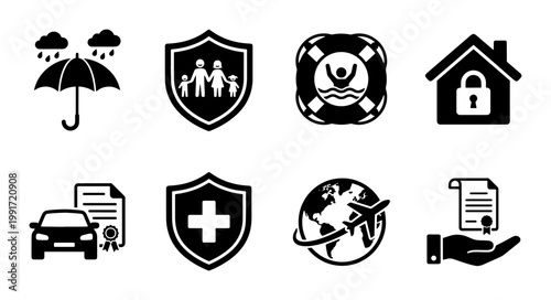 Insurance icons set in black solid style, protection and safety symbols for business, 8 vector elements for health home and travel coverage