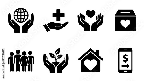 Charity and donation icon set, 8 black solid vector symbols for non-profit organizations, community support and humanitarian aid graphics
