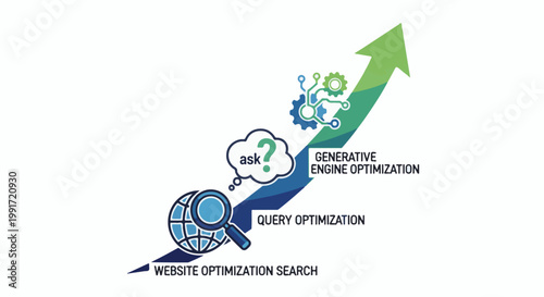 Upward arrow graphic depicting website, query, and generative engine optimization