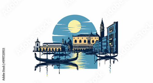 Stylized Venetian canal scene with gondolas under a moonlit sky