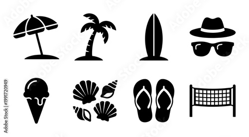 Summer beach icons set, black silhouette vacation symbols, tropical holiday vector elements, 8 minimalist travel graphics for seasonal design