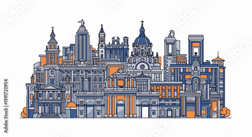 Stylized urban skyline with distinct architectural structures and pops of orange