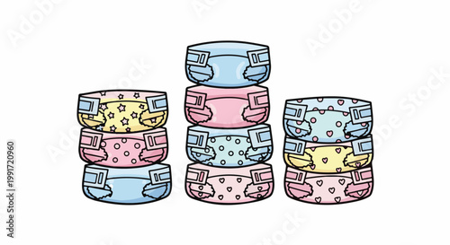 Three stacks of baby diapers, each with different pastel colors and patterns