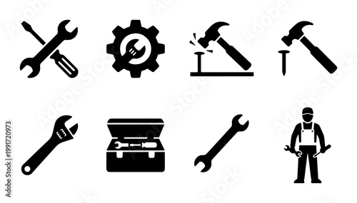 Industrial construction tool icons set, black handyman equipment vector symbols, professional repair and maintenance hardware collection for web design