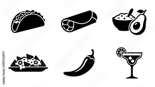 Mexican food icon set with taco and burrito, black solid glyphs of nachos and chili pepper, 6 vector elements for restaurant menus