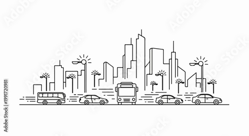 Stylized urban landscape featuring buildings, vehicles, and streetlights in a line art style