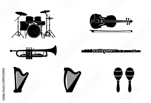 Musical instrument silhouette collection, black orchestra and band icons, set of 7 vector elements including drums, violin, trumpet, flute, harp and maracas