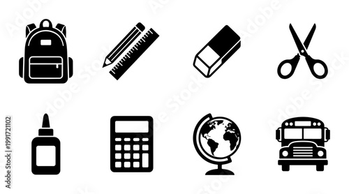 School supplies icon set, black silhouette education symbols, 8 vector elements including backpack, school bus, globe, and calculator for academic design
