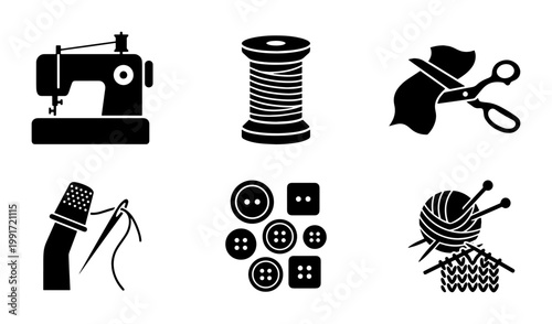 Sewing and knitting icon set, black silhouette tailoring tools, collection of 6 vector elements for needlework and dressmaking crafts