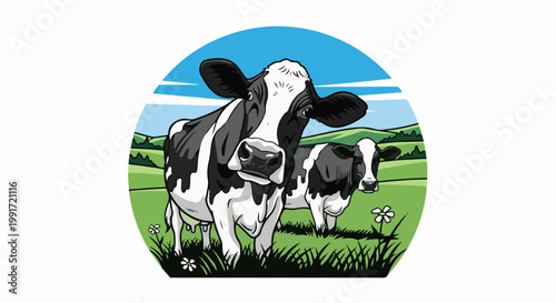 Two cartoon cows stand in a green pasture under a blue sky